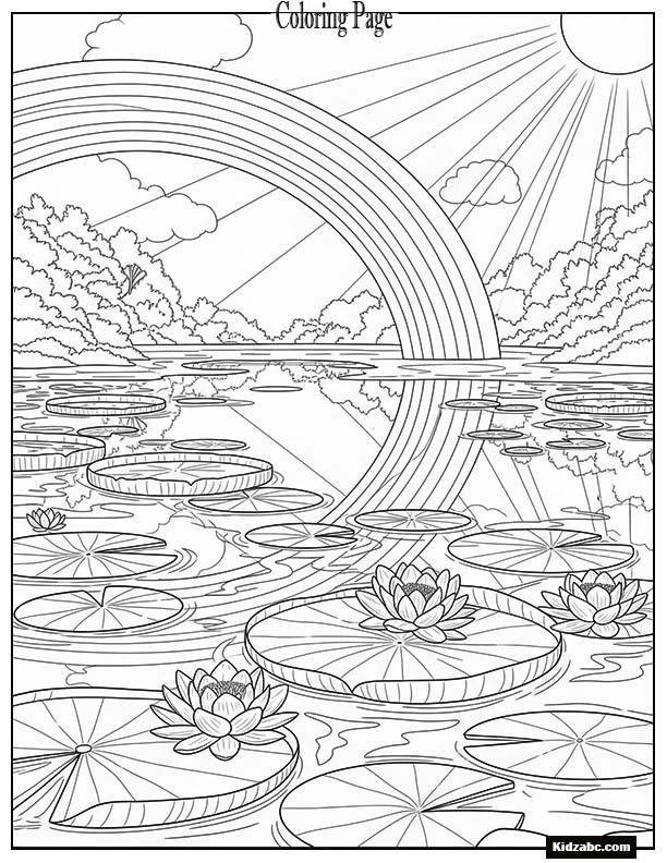 A rainbow reflecting in a pond with lilies