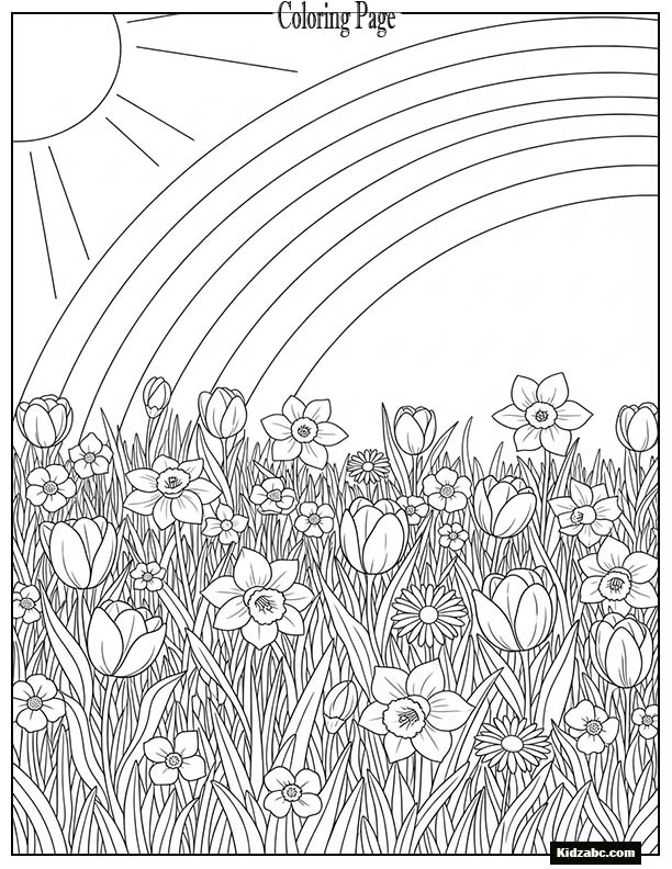 A rainbow shining on spring flowers