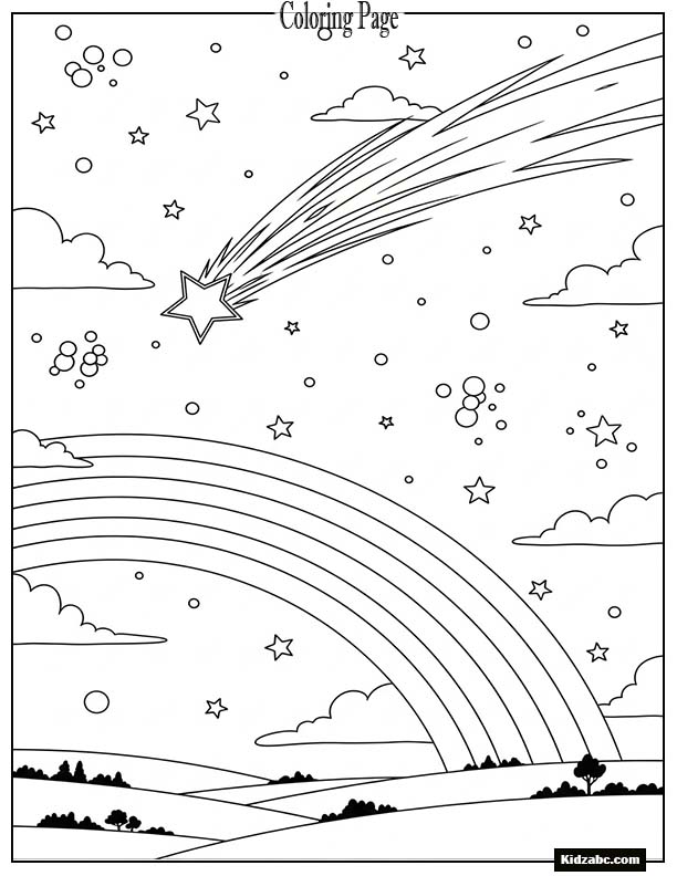 A shooting star crossing a rainbow night sky