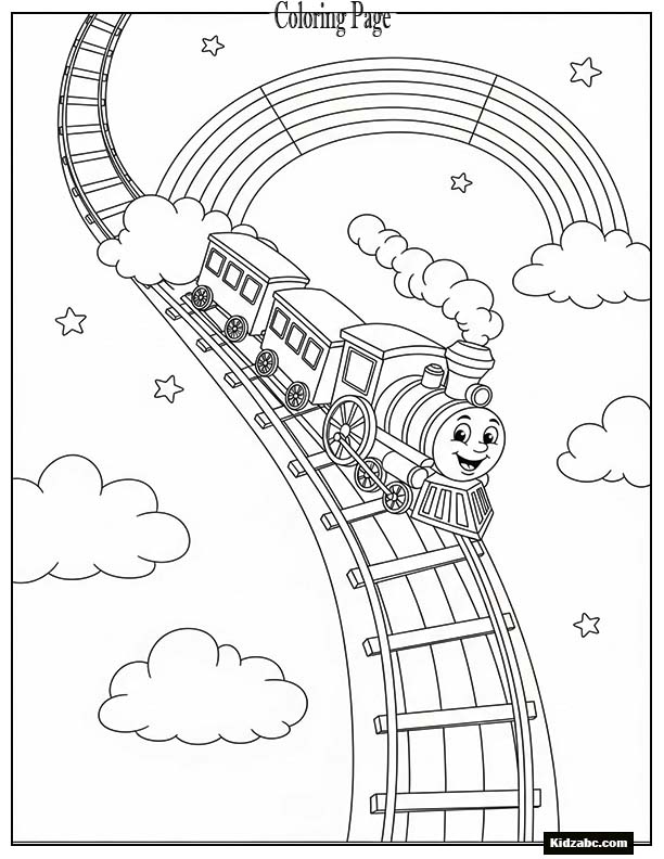 A toy train riding on a rainbow track