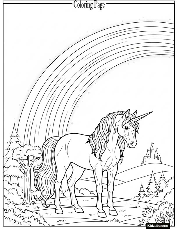 A unicorn standing under a glowing rainbow