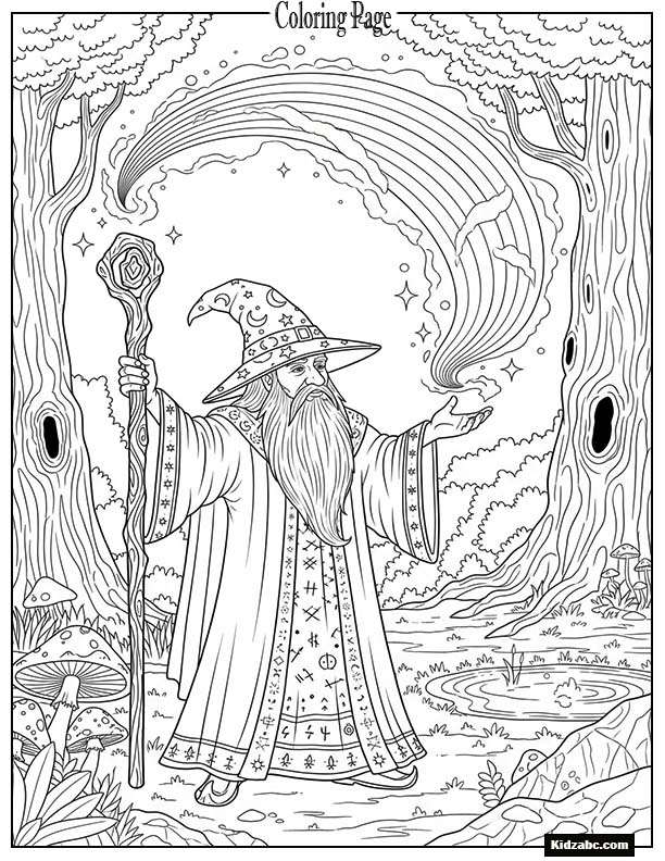 A wizard summoning a rainbow with his spell