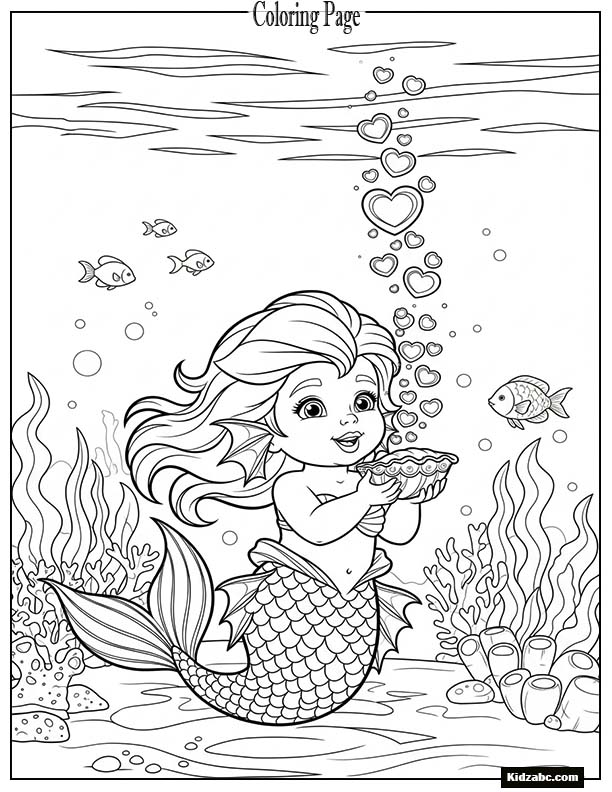 Baby mermaid blowing heart-shaped bubbles