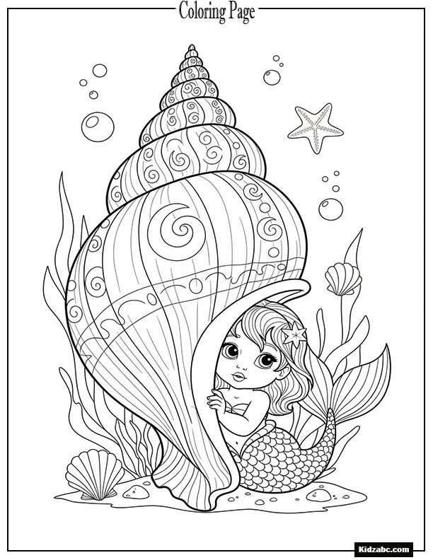 Baby mermaid hiding behind a giant seashell