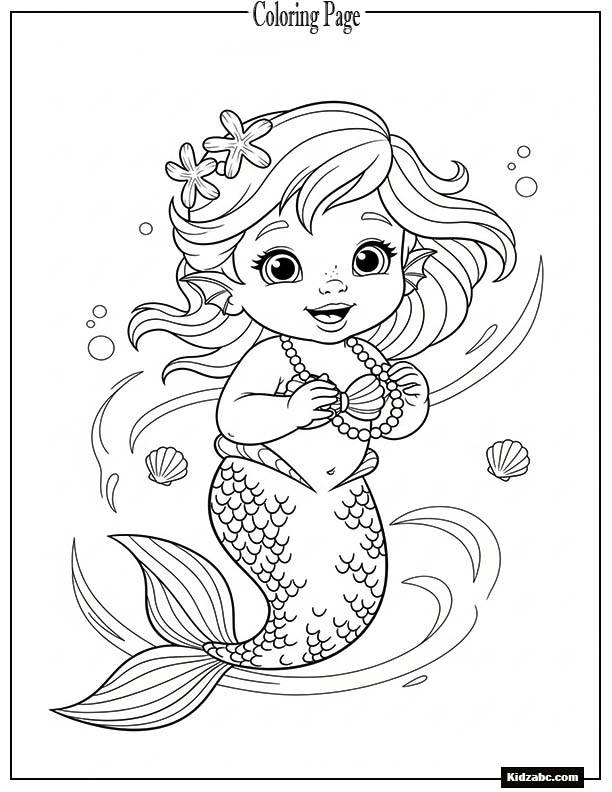 Baby mermaid holding a small pearl necklace