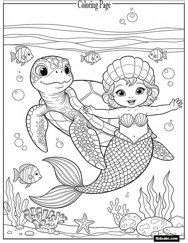 Baby mermaid learning to swim with a sea turtle