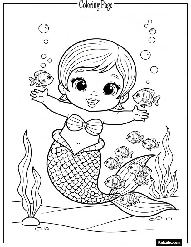 Baby mermaid playing with tiny fish friends
