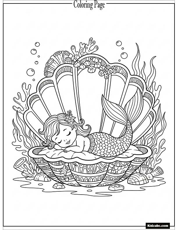 Baby mermaid sitting inside a big seashell cradle