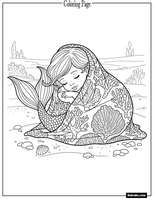 Baby mermaid sleeping under a coral blanket