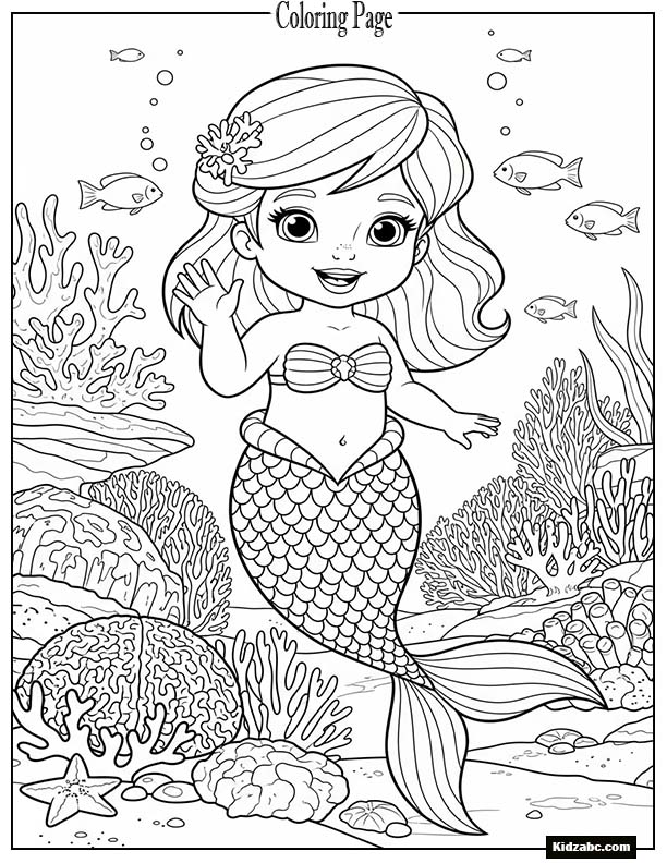 Baby mermaid waving hello near coral reefs