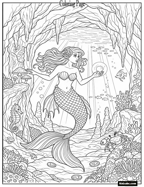 Brave mermaid exploring a mysterious underwater cave