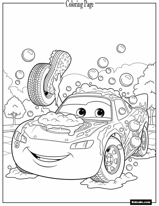 Car character washing itself with bubbles around