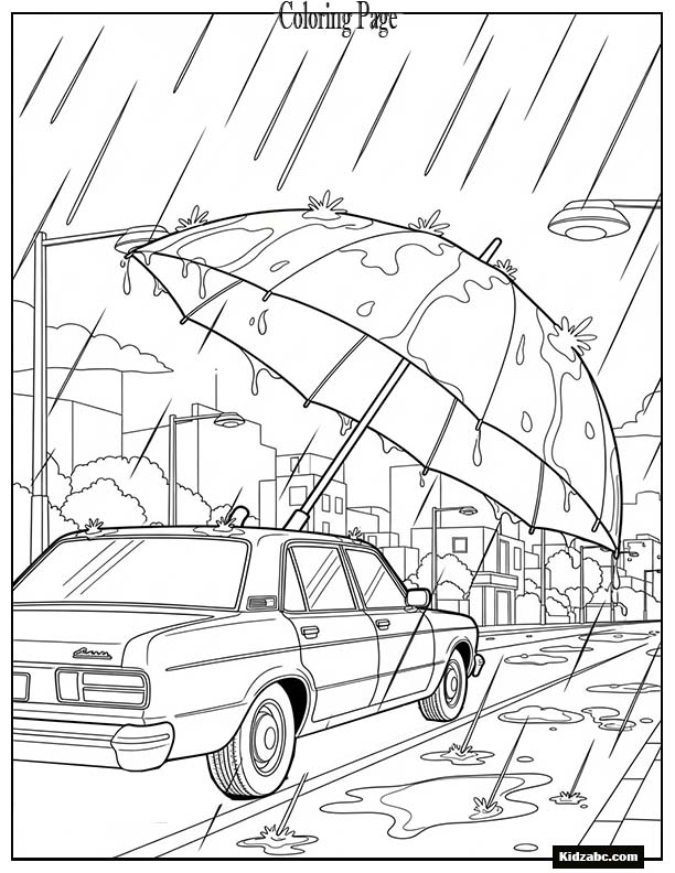 Car with umbrella on a rainy day