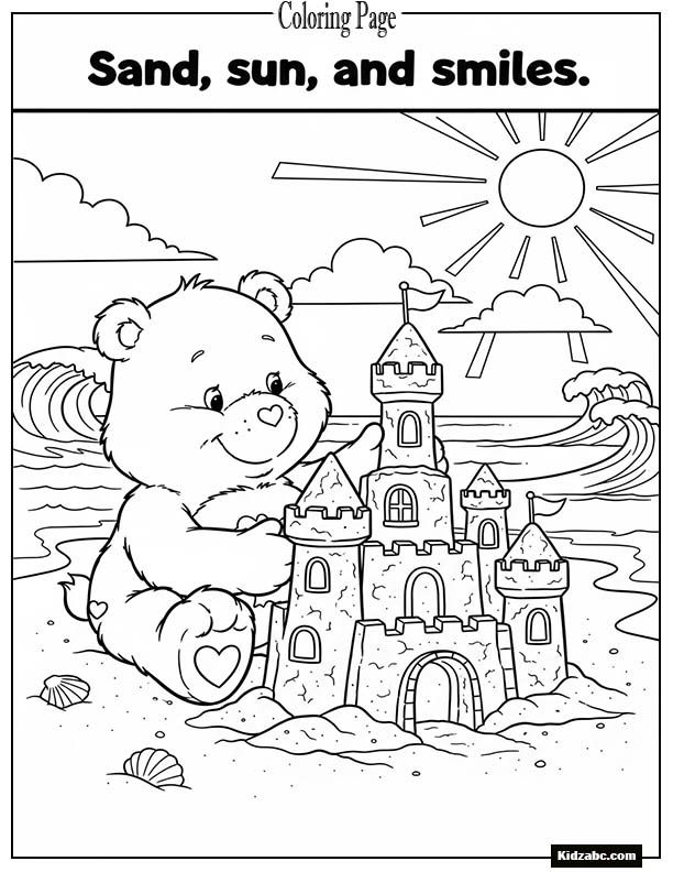 Care Bear building a sandcastle at the beach