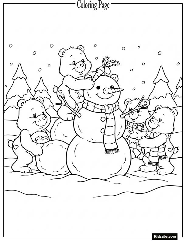 Care Bear building a snowman with friends