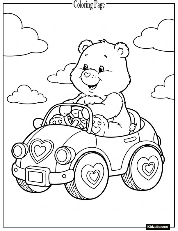 Care Bear driving a tiny car with heart wheels