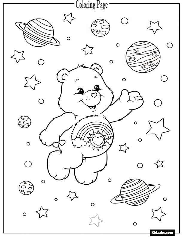 Care Bear exploring space with stars and planets