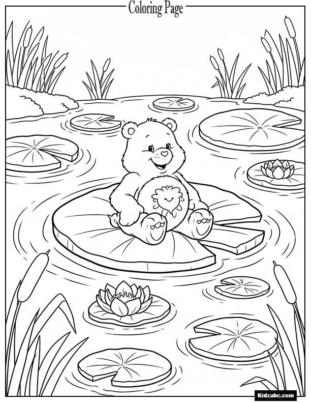 Care Bear floating on a big lily pad in a pond