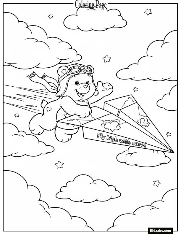 Care Bear flying a paper airplane