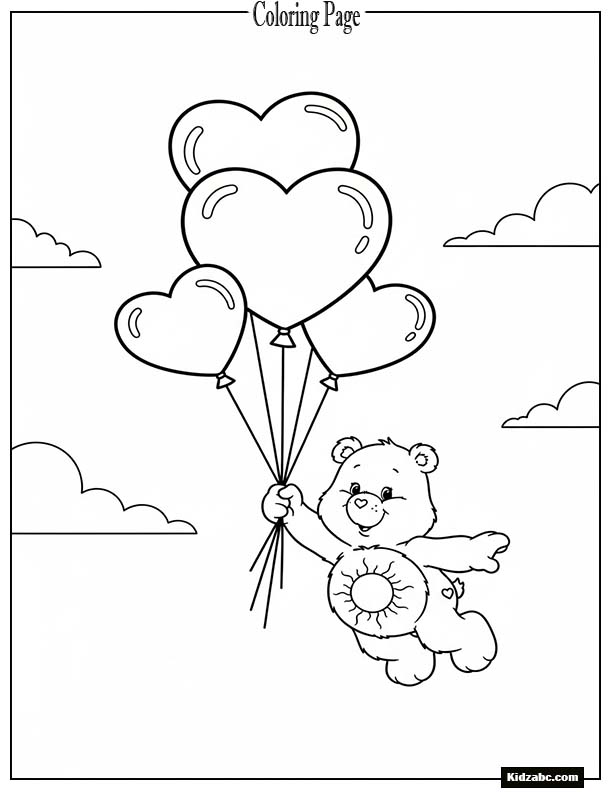 Care Bear flying with balloons shaped like hearts