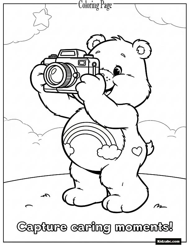 Care Bear holding a camera and taking photos