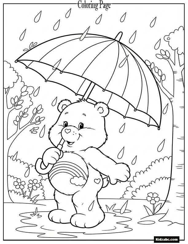 Care Bear holding a rainbow umbrella in spring rain
