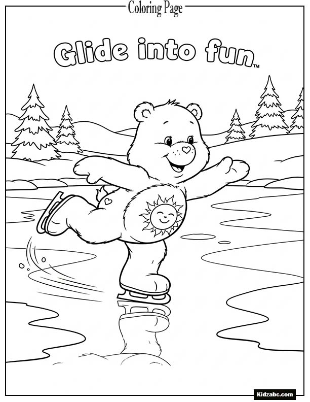 Care Bear ice-skating on a shiny frozen pond