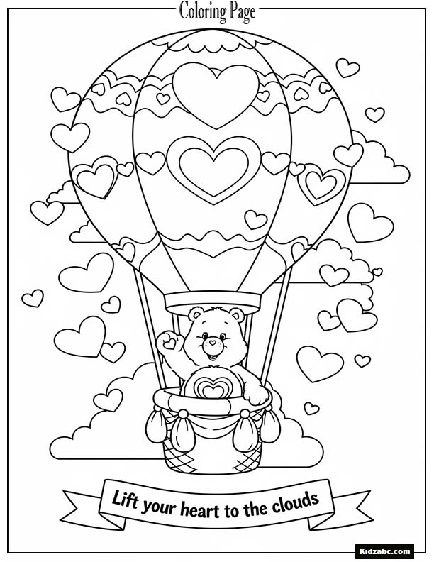 Care Bear in a hot air balloon with hearts