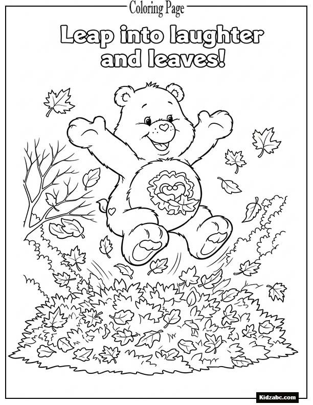Care Bear jumping into a pile of autumn leaves