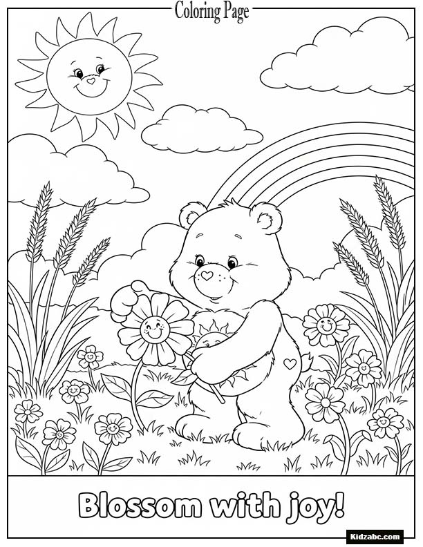 Care Bear picking flowers in a sunny meadow