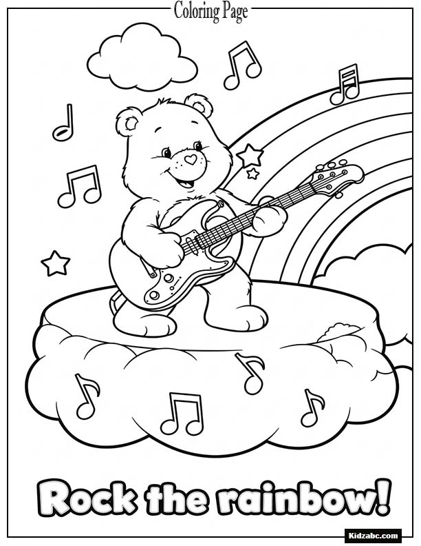Care Bear playing guitar on a cloud stage