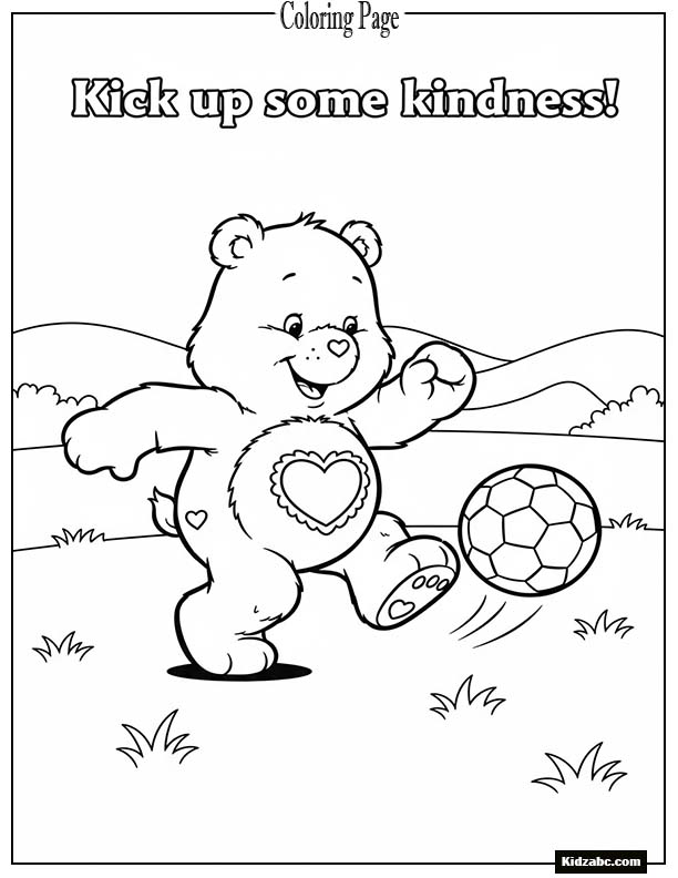 Care Bear playing soccer on grassy field