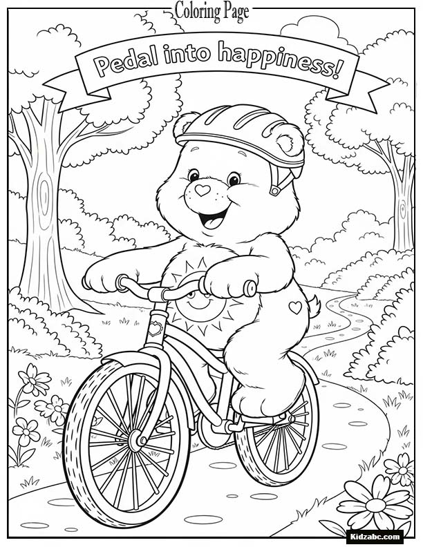 Care Bear riding a bicycle through a park path