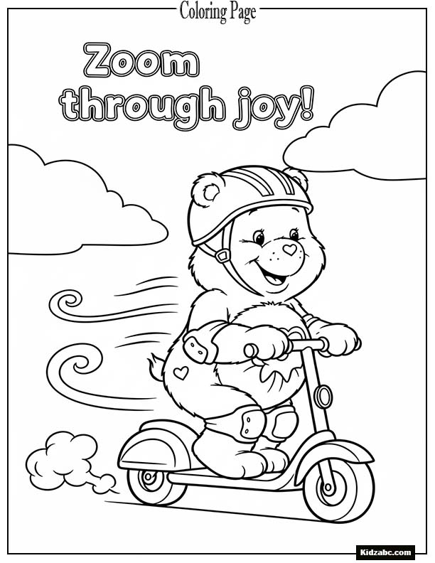 Care Bear riding a scooter with a happy breeze
