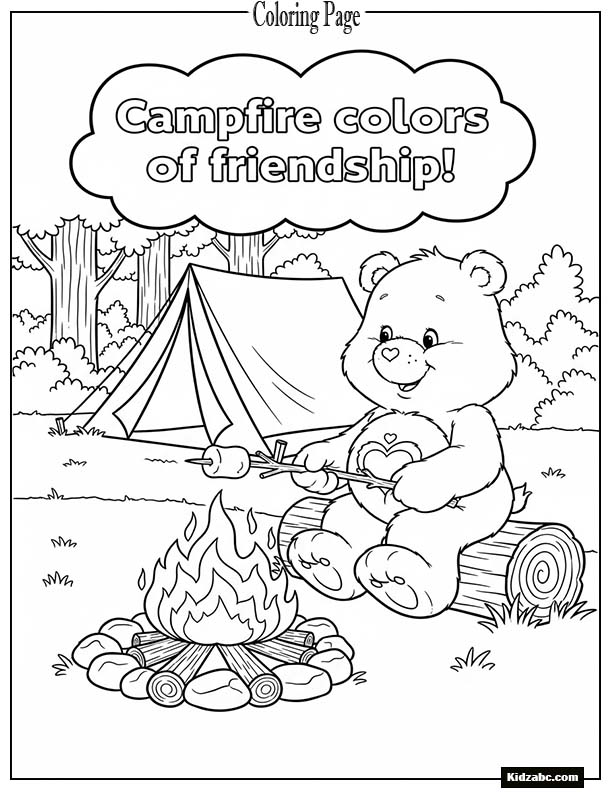 Care Bear roasting marshmallows by a campfire