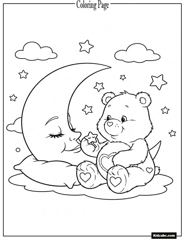 Care Bear sitting beside a sleeping moon