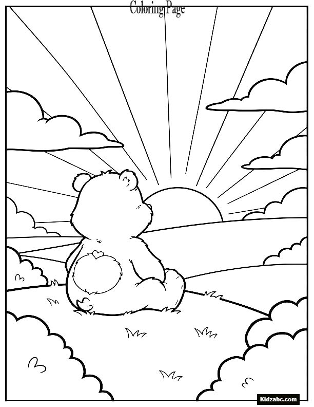 Care Bear sitting on a hill watching the sunset