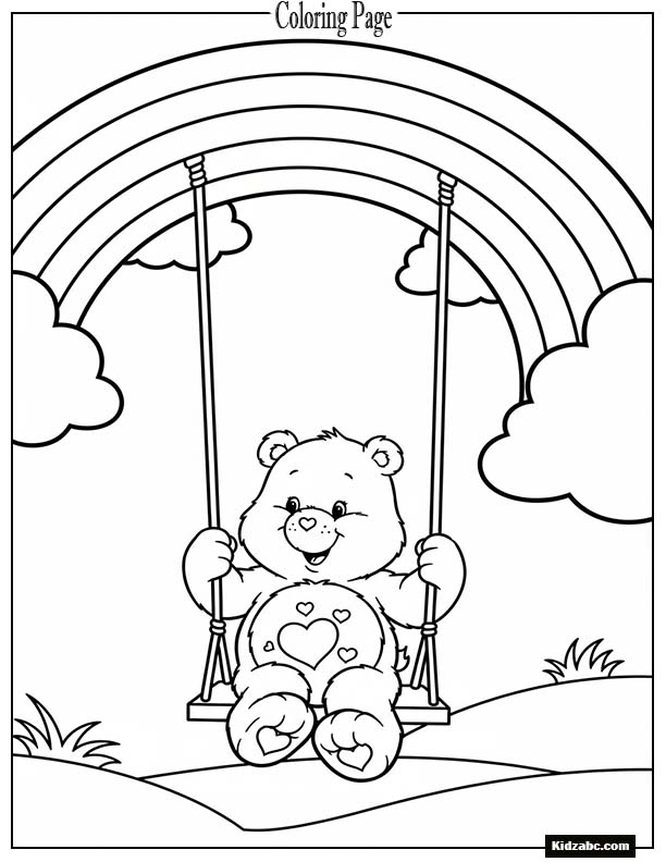 Care Bear sitting on a swing tied to a rainbow