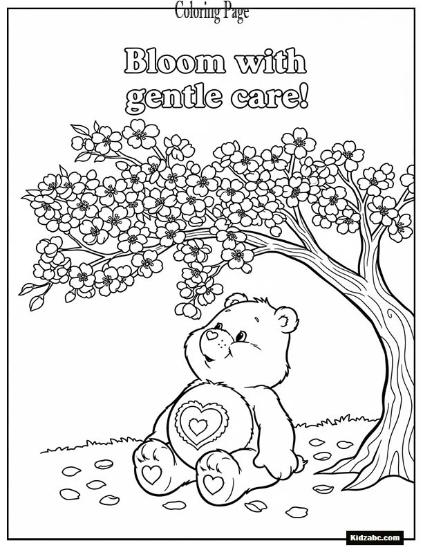 Care Bear under spring cherry blossoms