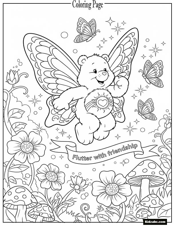 Care Bear with butterfly wings flying in a magical garden