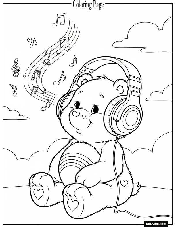 Care Bear with headphones listening to music