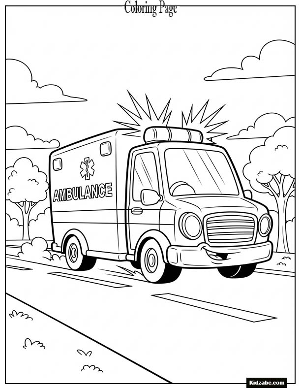 Cartoon ambulance racing down a clean road