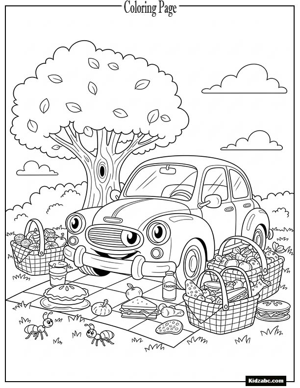 Cartoon car at a picnic with food baskets
