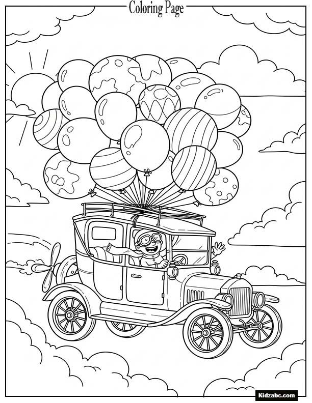 Cartoon car flying with balloons attached to it