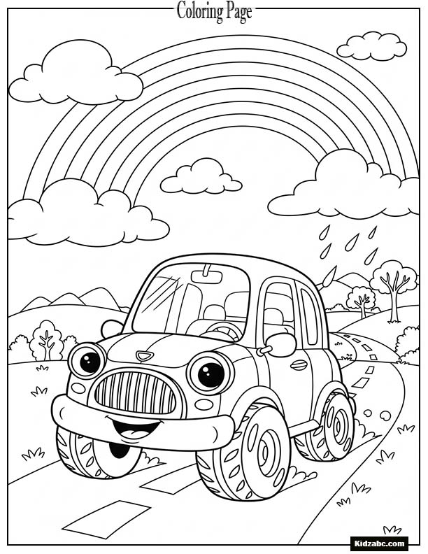 Cartoon car under a rainbow sky
