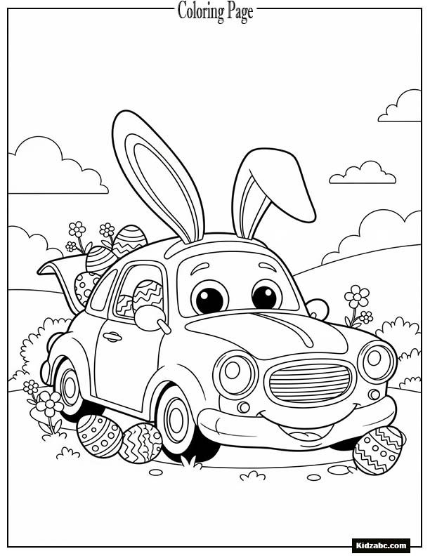 Cartoon car with bunny ears for Easter