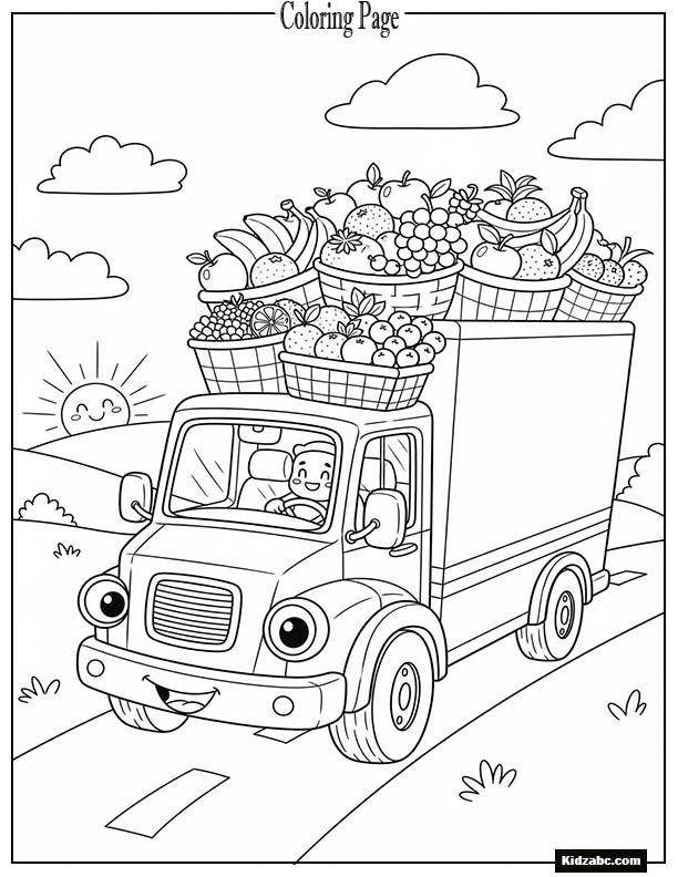 Cartoon delivery truck carrying fruit baskets