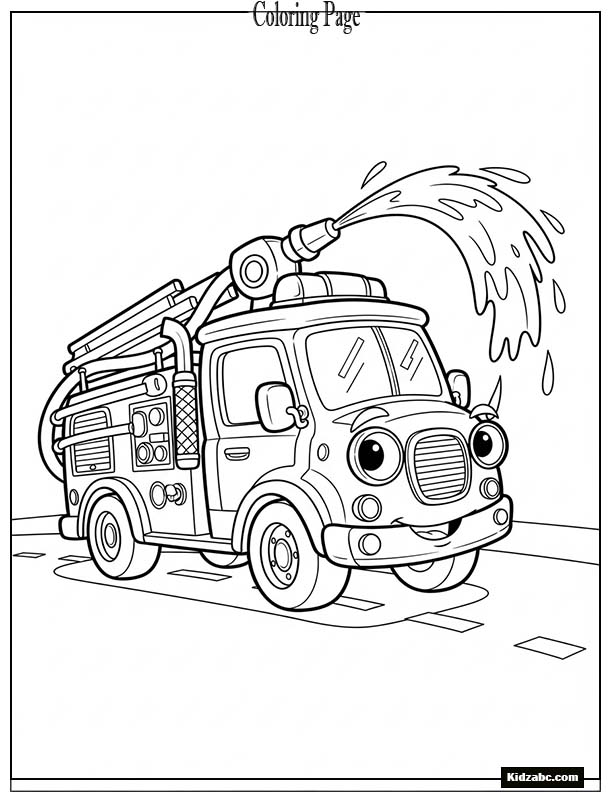 Cartoon fire truck with big eyes spraying water