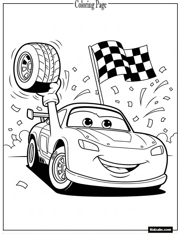Cartoon race car celebrating victory with confetti and a big grin