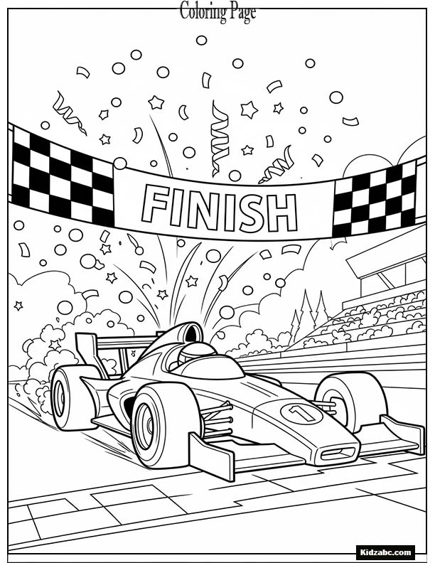 Cartoon race car crossing a finish line with confetti